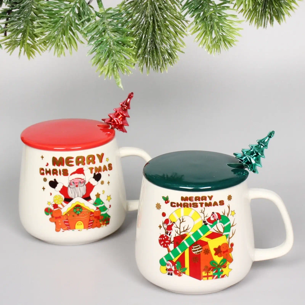 Кружка керамическая 400мл «Новогодние чудеса» с крышкой и ложкой