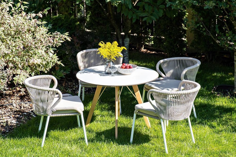 "Милан" стул плетеный из роупа, каркас алюминий белый шагрень, роуп бежевый круглый, ткань бежевая