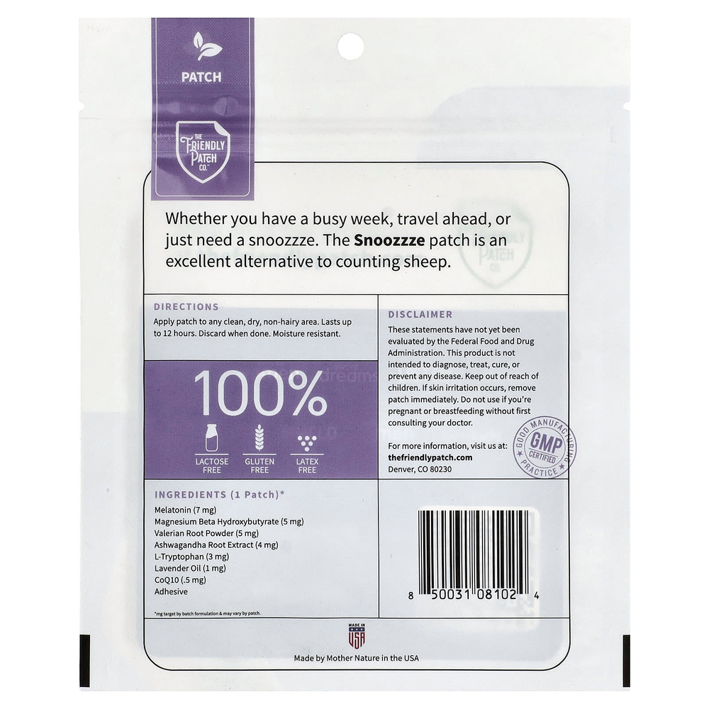 The Friendly Patch, Snoozzze, патч для сна с мелатонином, 28 шт.