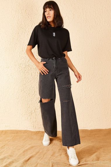 Qadın üçün kəsikli cins şalvar 10701008