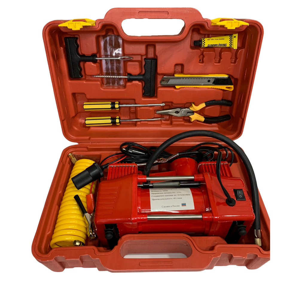 Компрессор автомобильный двухпоршневой с набором инструмента с фонариком 60 л/м, 12V, 300W, питание от АКБ + розетка прикуривателя