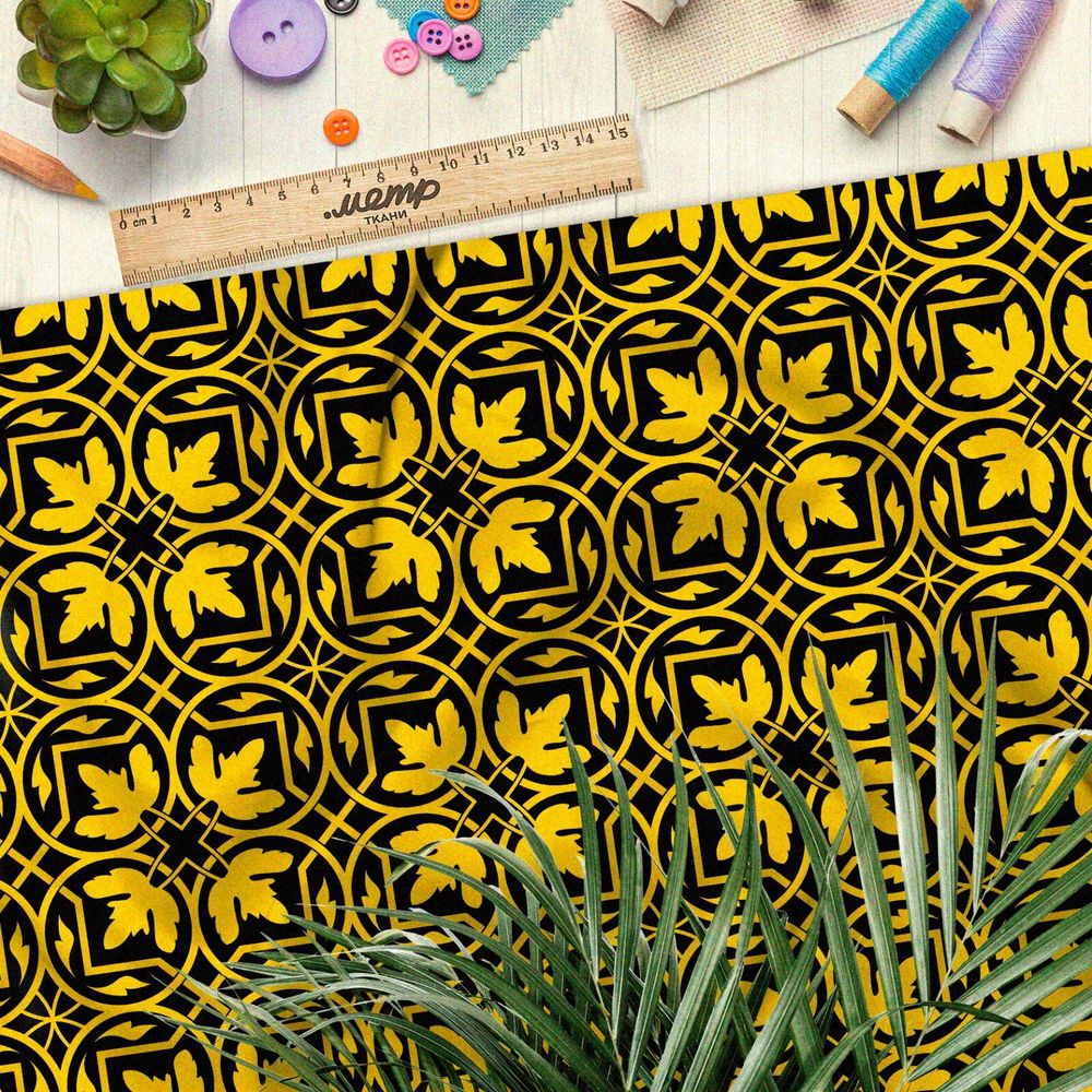 Ткань шелк Армани богатый золотой узор на чёрном фоне