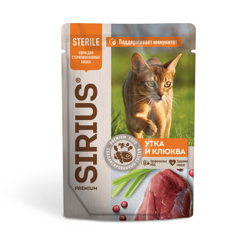 Сириус для кошек Sterilised Кусочки в соусе Утка с клюквой 85гр.