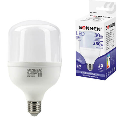 Лампа светодиодная SONNEN, 30 (250) Вт, цоколь Е27, цилиндр, холодный белый, 30000 ч, LED Т100-30W-6500-E27, 454924ОЗ