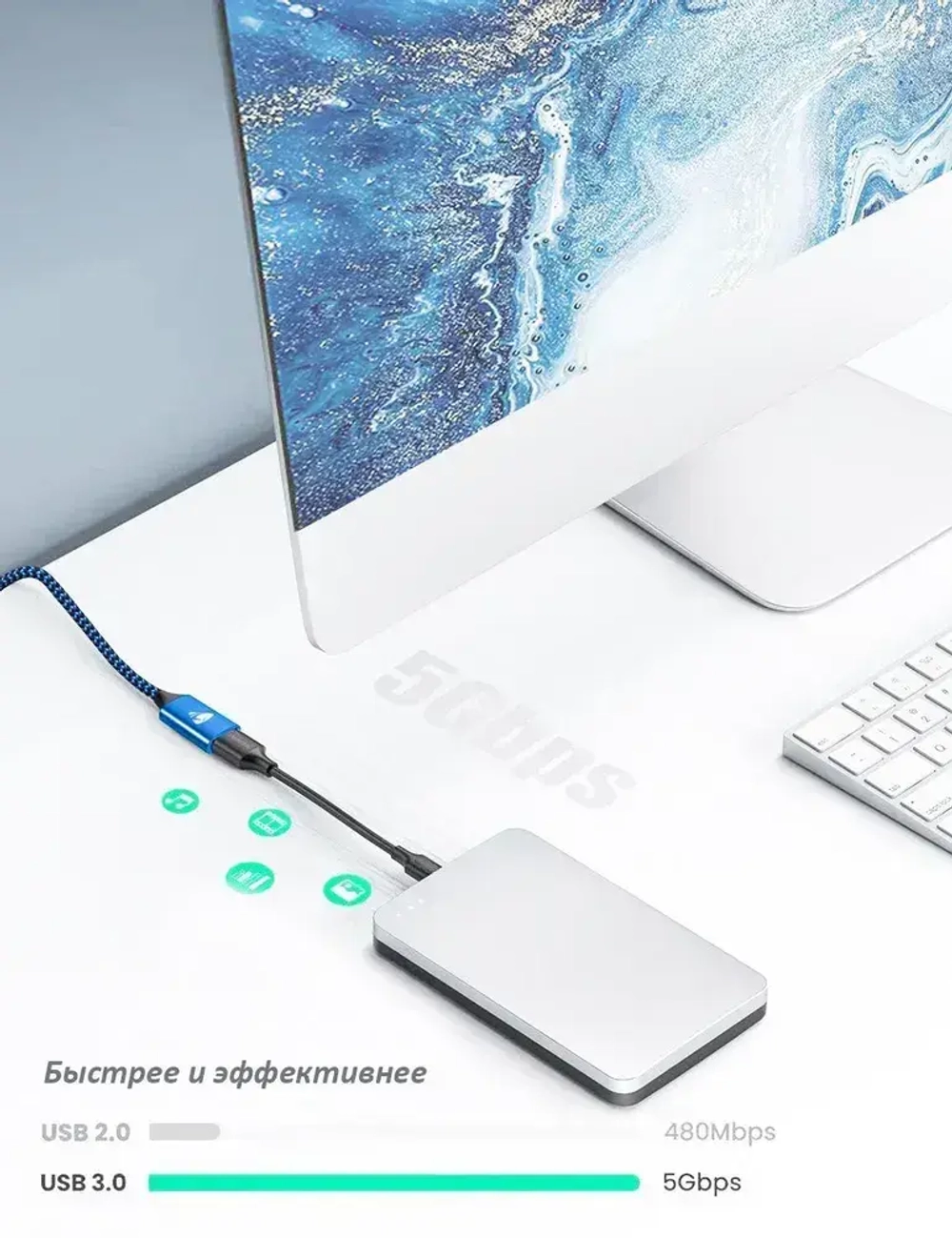 Кабель удлинитель USB 3.0 Aioneus (2метрa)/ для мобильный телефон, PS3, PS4, клавиатура, принтер, компьютер, телевизор