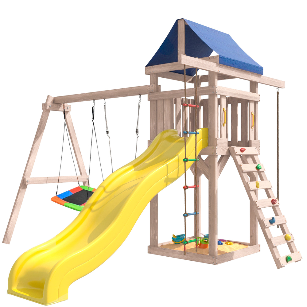 Детская площадка неокрашенная с качелями лодочка и прямоугольным гнездом Лодка IgroWoods для улицы и дачи