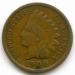 1 цент 1900 год. США. Голова индейца. Бронза F-VF