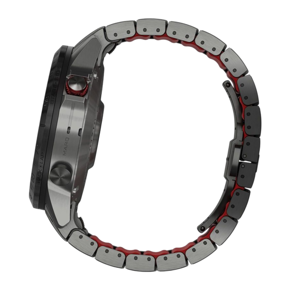 Спортивные часы Garmin MARQ Athlete (Gen 2) Performance Edition, гибридный блочный браслет, силиконовый ремешок цвета «красная плазма» Безель и корпус из титана с DLC-покрытием, AMOLED-дисплей с куполообразным сапфировым стеклом. Блочный браслет из титана