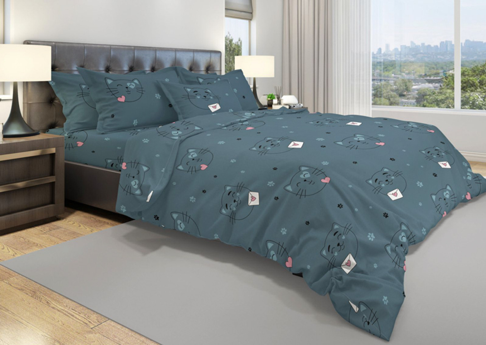 Комплект постельного белья Дуэт с простыней на рез. 180х200 БЯЗЬ "Cats in love" (нав. 50х70-)