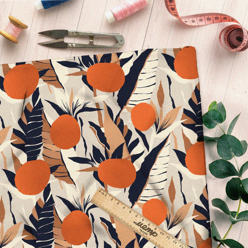Ткань шелк Армани оранжевая абстракция листьев
