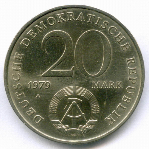 20 марок 1979 (A). 30 лет ГДР. Германия-ГДР. Диаметр 33 мм, медно-никель XF-AU