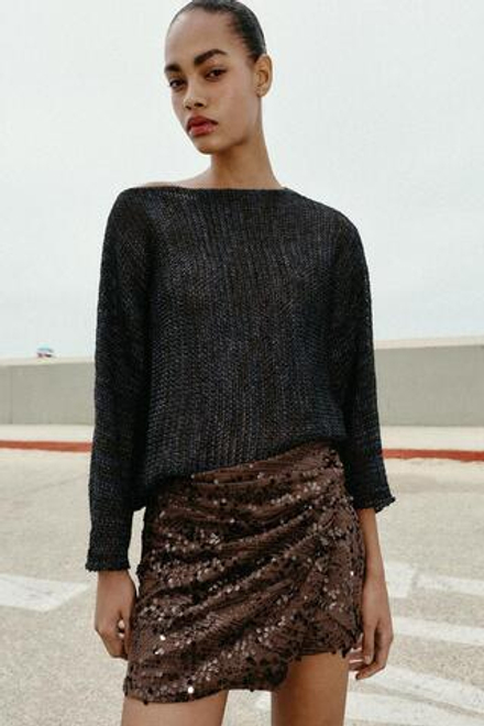 ZARA ЮБКА-ШОРТЫ МИНИ С ПАЙЕТКАМИ И УЗЛОМ, КОРИЧНЕВЫЙ