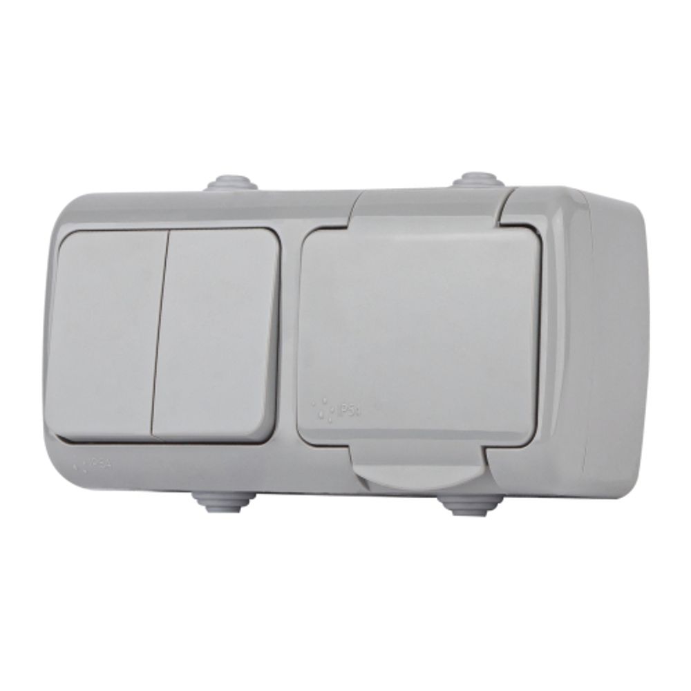 Блок розетка с выключателем Intro Atlantic 5-702-03 двойным 2P+E, 10А-250В, открытой установки, IP54, серый | Intro
