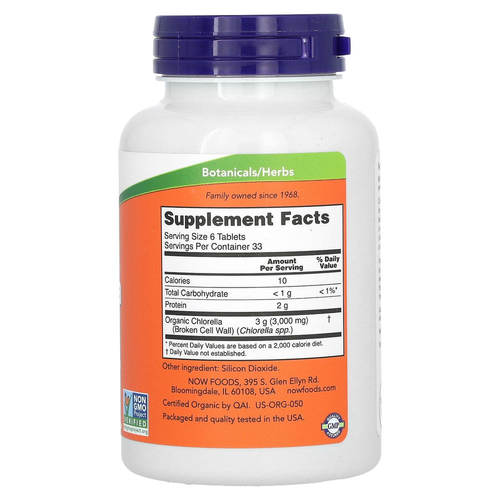 NOW Foods, Сертифицированная органическая хлорелла, 500 мг, 200 таблеток