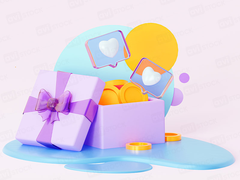 3D-иллюстрация подарочной коробки с монетами и сердцами