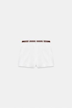 ZARA ШОРТЫ-БЕРМУДЫ С ВЫСОКОЙ ПОСАДКОЙ И РЕМНЕМ, БЕЛЫЙ