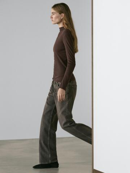 Massimo Dutti Хлопковая футболка в рубчик с длинными рукавами, коричневый