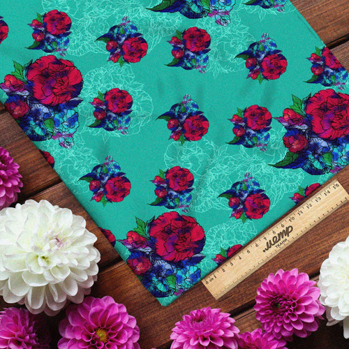 Ткань таффета красно-синие цветы на бирюзовом