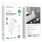 Сетевой адаптер питания BOROFONE BN9 2C PD 35W QC 3.0 + кабель Type-C - Lightning (белый)