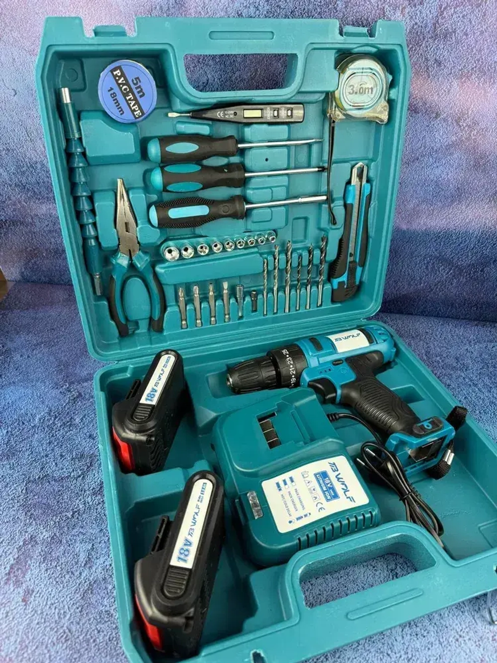 Дрель шуруповерт аккумуляторный TibWolf 18V 2 АКБ с набором инструментов 24 насадки и перчатки в наборе