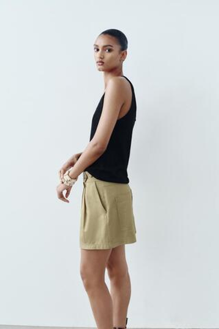 ZARA ОДНОТОННЫЙ ТРИКОТАЖНЫЙ ТОП ИЗ СМЕСОВОГО ЛЬНА НА БРЕТЕЛЯХ,  ЧЕРНЫЙ