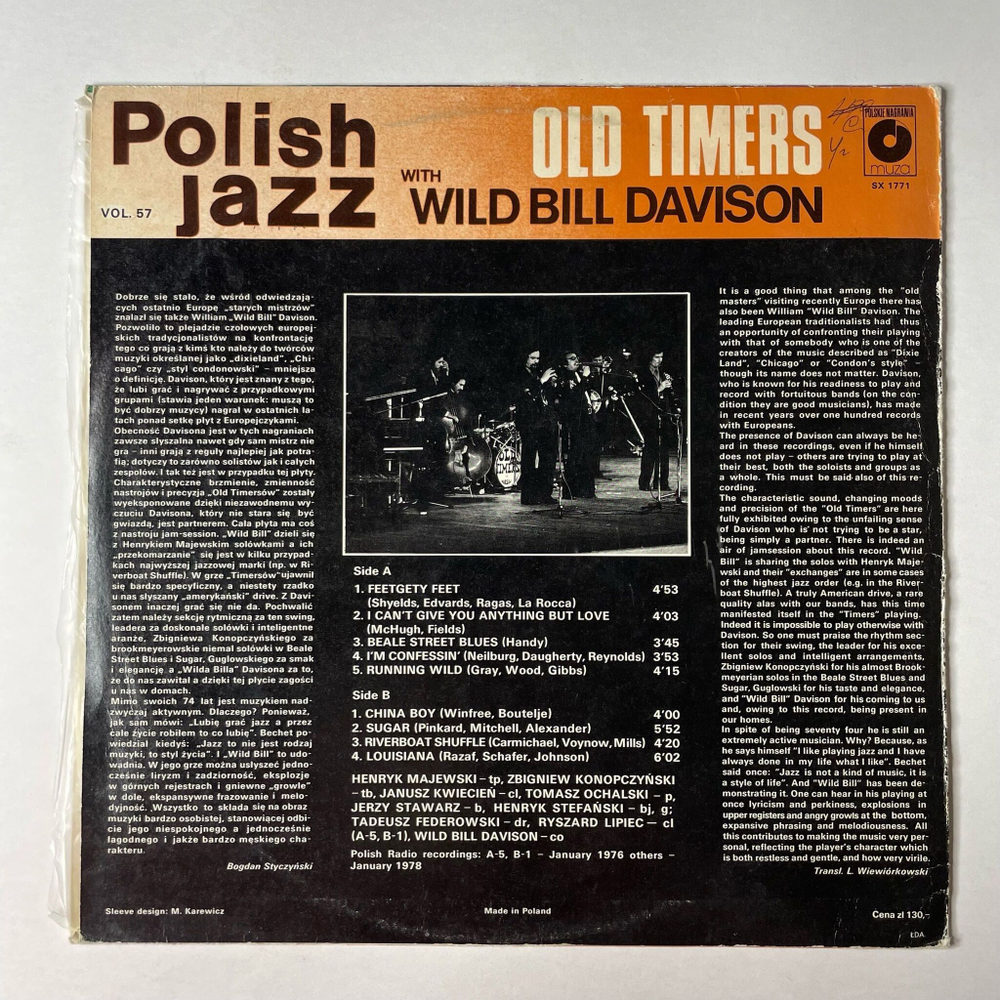 Винтажная виниловая пластинка LP Old Timers With Wild Bill Davison (Польша 1979)