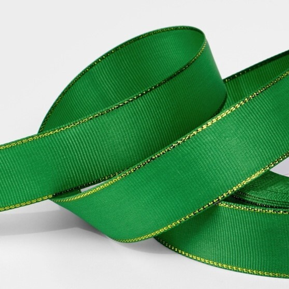Лента РЕПСОВАЯ 25 мм зелёная №019 с золотым люрексом (22м)