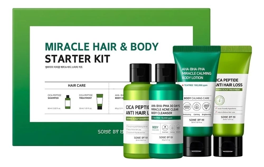 SOME BY MI Набор Miracle Hair &amp; Body Starter (шампунь д/волос с пептидами 60мл + маска д/волос с пептидами 30мл + гель д/душа 60г + лосьон д/тела 30мл)