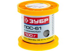 Припой ПОС 61 (0.8 мм; 100 г; трубка с канифолью) Зубр 55450-100-08C