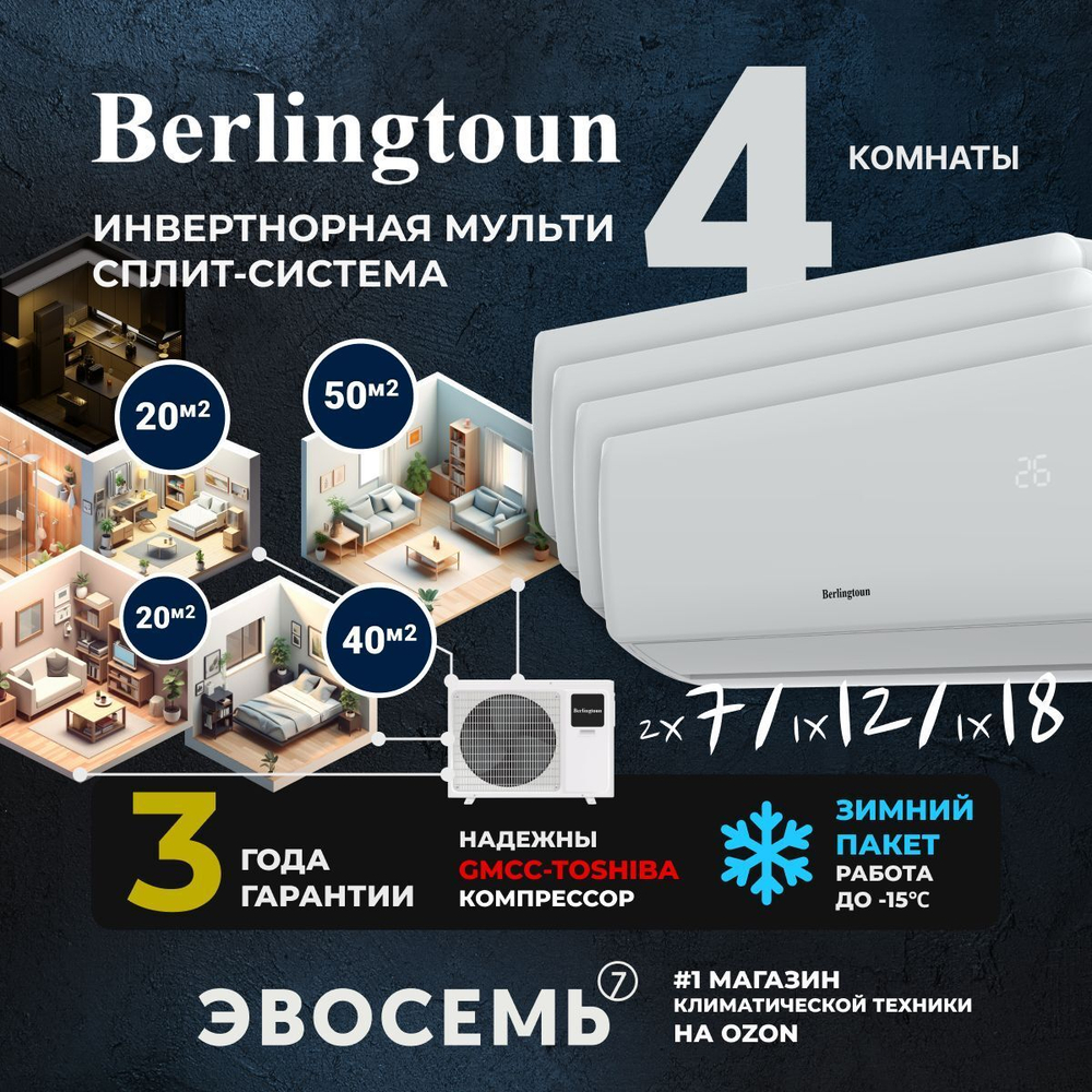 Инверторная мульти сплит-система Berlingtoun на 4 комнаты (20м2x2 + 40м2 + 50м2) BMO-36/4AIN1/BMI-07AIN1x2 + BMI-12AIN1 + BMI-18AIN1
