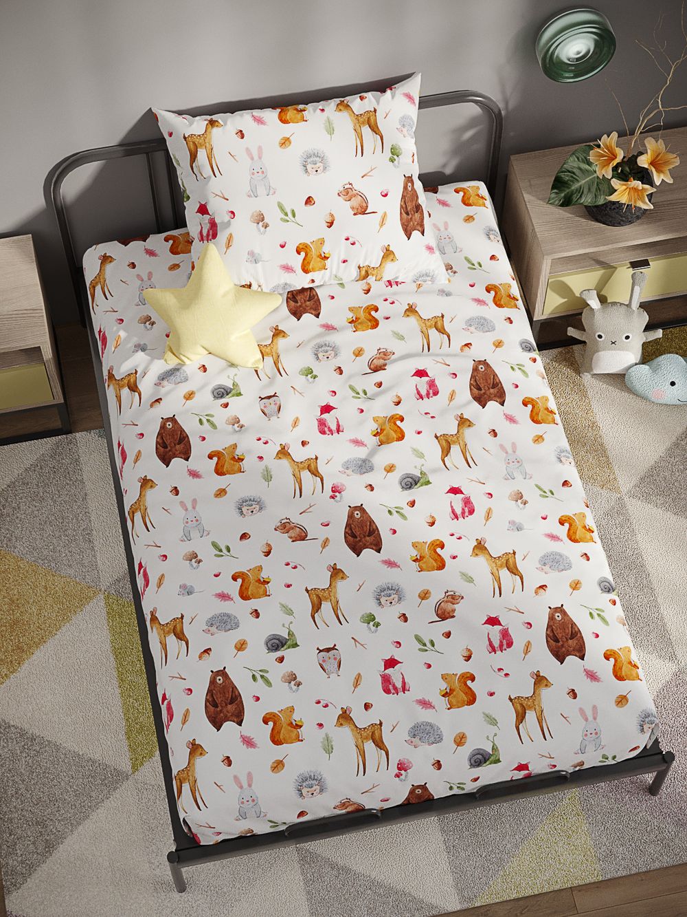 Постельное белье перкаль Сказка "Лесные жители" 1,5-сп Наволочка 50х70 см 1 шт Простынь 150x215 см Пододеяльник 145x205 см
