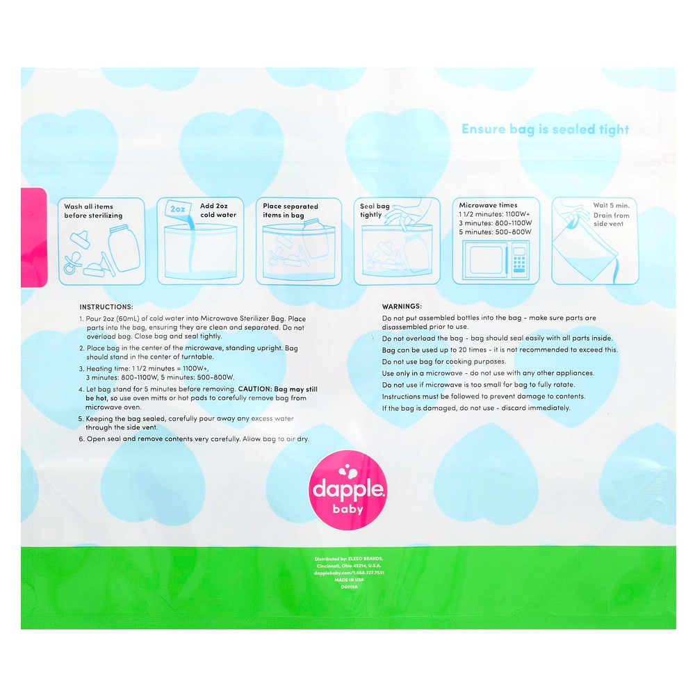 Dapple Baby, Пакеты для стерилизации в микроволновой печи, для частей молокоотсоса, бутылочки и пустышки, 8 пакетов для стерилизации