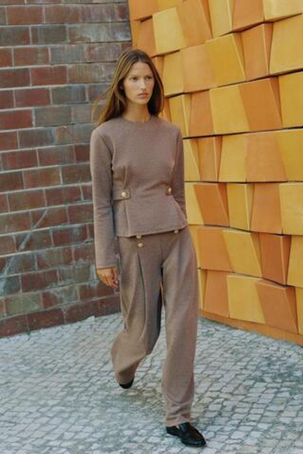 ZARA БРЮКИ ИЗ САРЖИ С ПУГОВИЦАМИ, СВЕТЛО-КОРИЧНЕВЫЙ