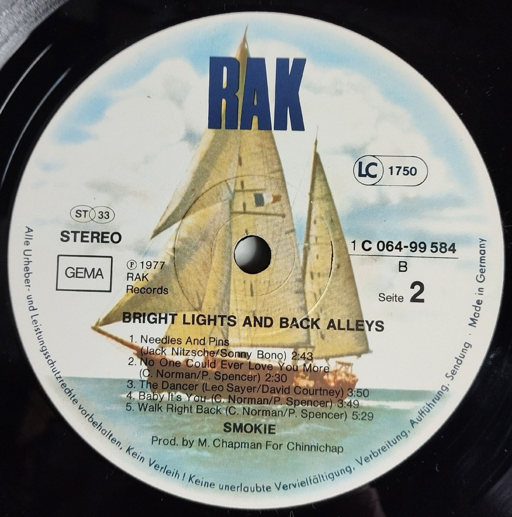 Винтажная виниловая пластинка LP Smokie Bright Lights and Back Alleys (Germany 1977)