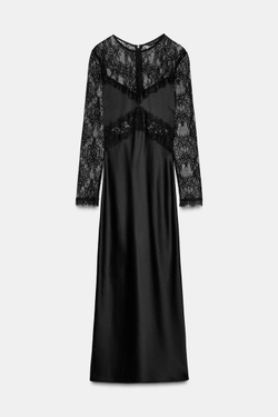 ZARA ДЛИННОЕ ПЛАТЬЕ С КОМБИНИРОВАННЫМ КРУЖЕВОМ, ЧЕРНЫЙ