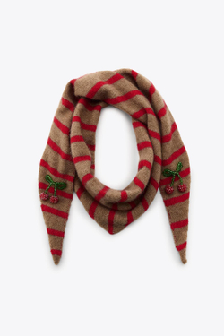 ZARA ВЯЗАНАЯ БАНДАНА В ПОЛОСКУ С ВИШНЯМИ, РЫЖЕВАТО-КОРИЧНЕВЫЙ