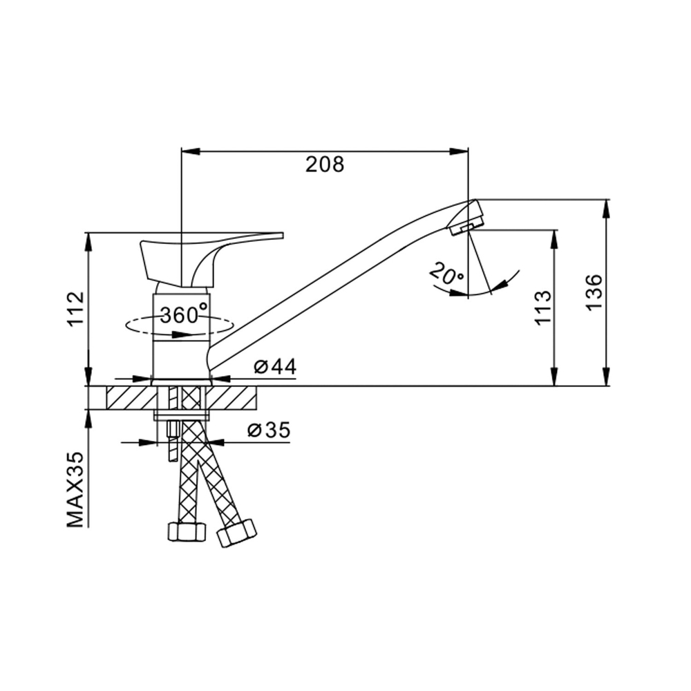 Смеситель для кухни 35к F4214-B FRAP (плоский пов.излив, п/шпильку, хром, силумин)