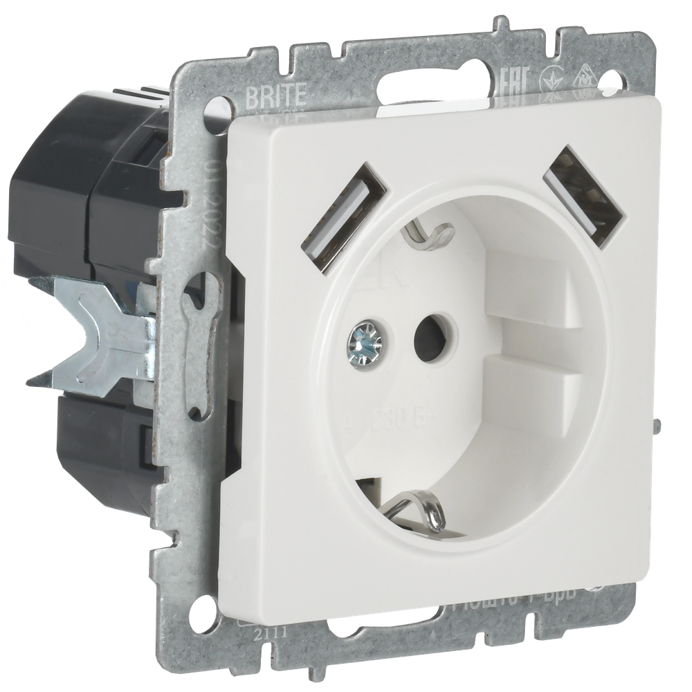 BRITE Розетка 1-местная с заземлением с защитными шторками 16А с USB A+A 5В 2,1А РЮш10-1-БрБ белый IEK