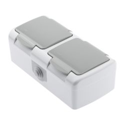 Розетка Intro Atlantic 5-204-03 двойная с заземлением 2х2P+E Schuko шторки, 16А-250В, IP54, открытой установки, серый | Intro