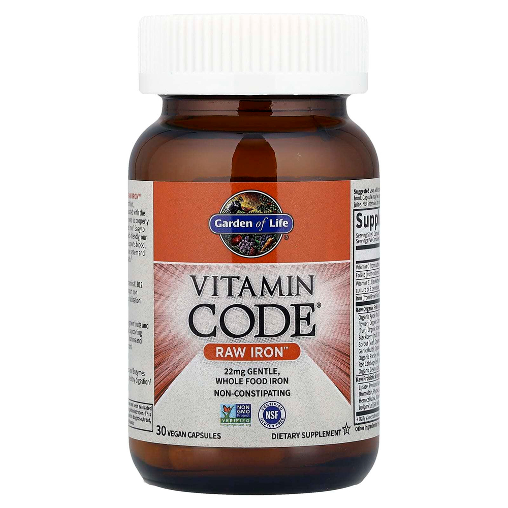 Garden of Life, Vitamin Code, необработанное железо, 30 веганских капсул