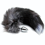 Серебристая анальная пробка с темным лисьим хвостом Black & White Fox Tail Size S (Цвет: серебристый)