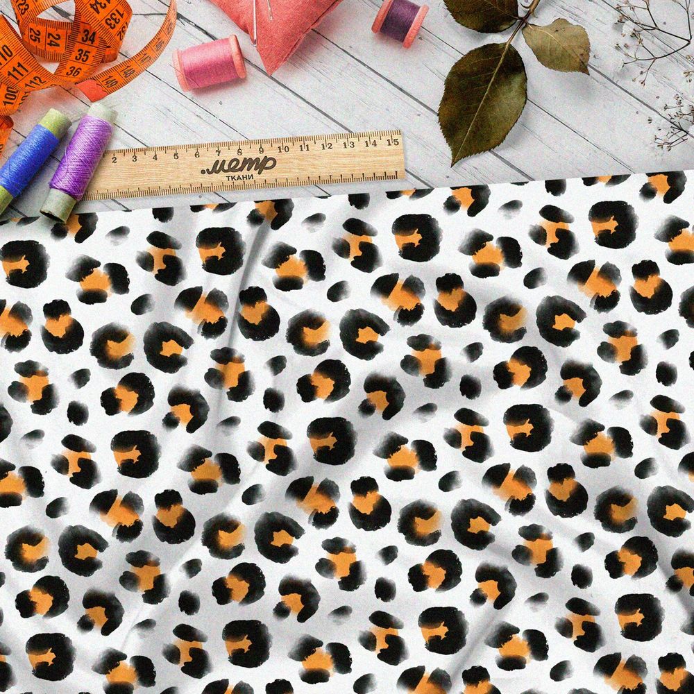Ткань оксфорд 210 яркий леопард на белом фоне