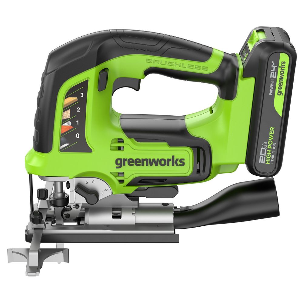 Лобзик акк. Greenworks GD24JS120, 24V, б/щет, 120 мм, 0-3500/мин, 4-ст.маятник, алю.подошва,LED,1х2Ач,ЗУ,кор (3601407CUA)