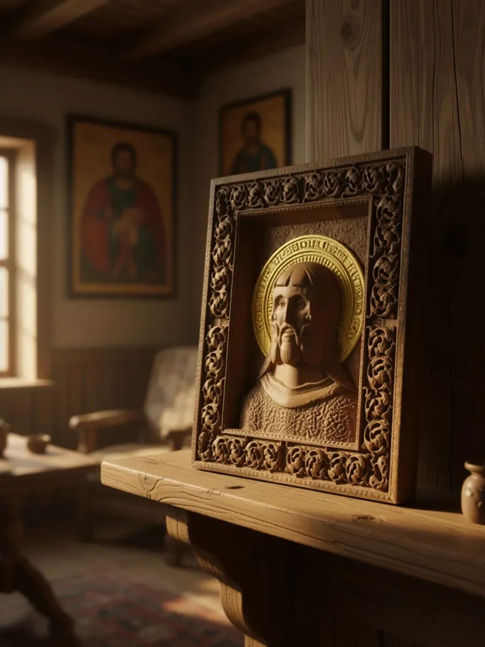 Икона Смесоипостасная Троица резная из массива дуба большая