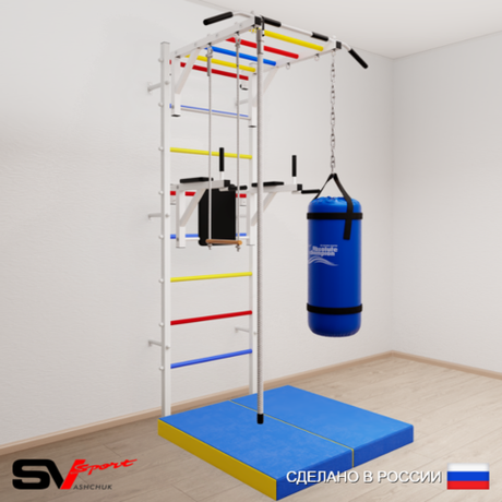 Шведская стенка Sv Sport усиленная 6465 (Турник рукоход/Брусья/Канат/Трапеция/Цепь/Мешок 15кг/Мат 1м)
