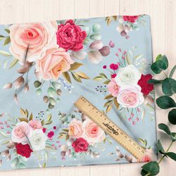 Ткань футер 2-х нитка розы на голубом