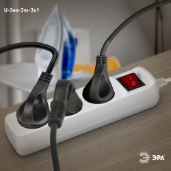 Удлинитель электрический ЭРА U-3es-3m-3x1 с заземлением с выключателем 3 розетки 3м ПВС 3x1мм2 16А