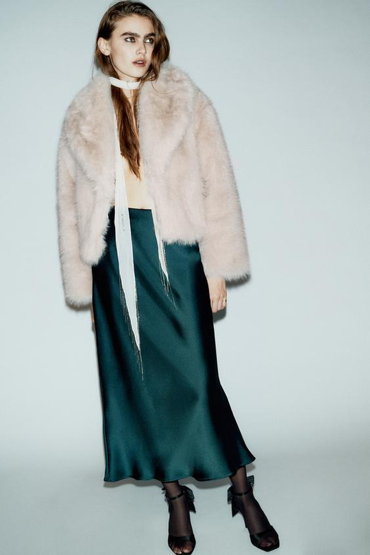 ZARA АТЛАСНАЯ ЮБКА МИДИ, УТИНО-ЗЕЛЕНЫЙ