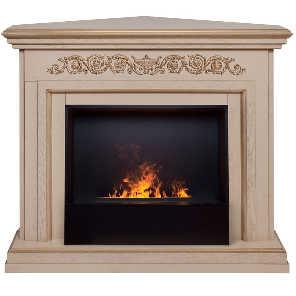 Электрокамин RealFlame Leticia Corner 26 WT белый дуб с золотой патиной с очагом 3D Cassette 630 Black Panel