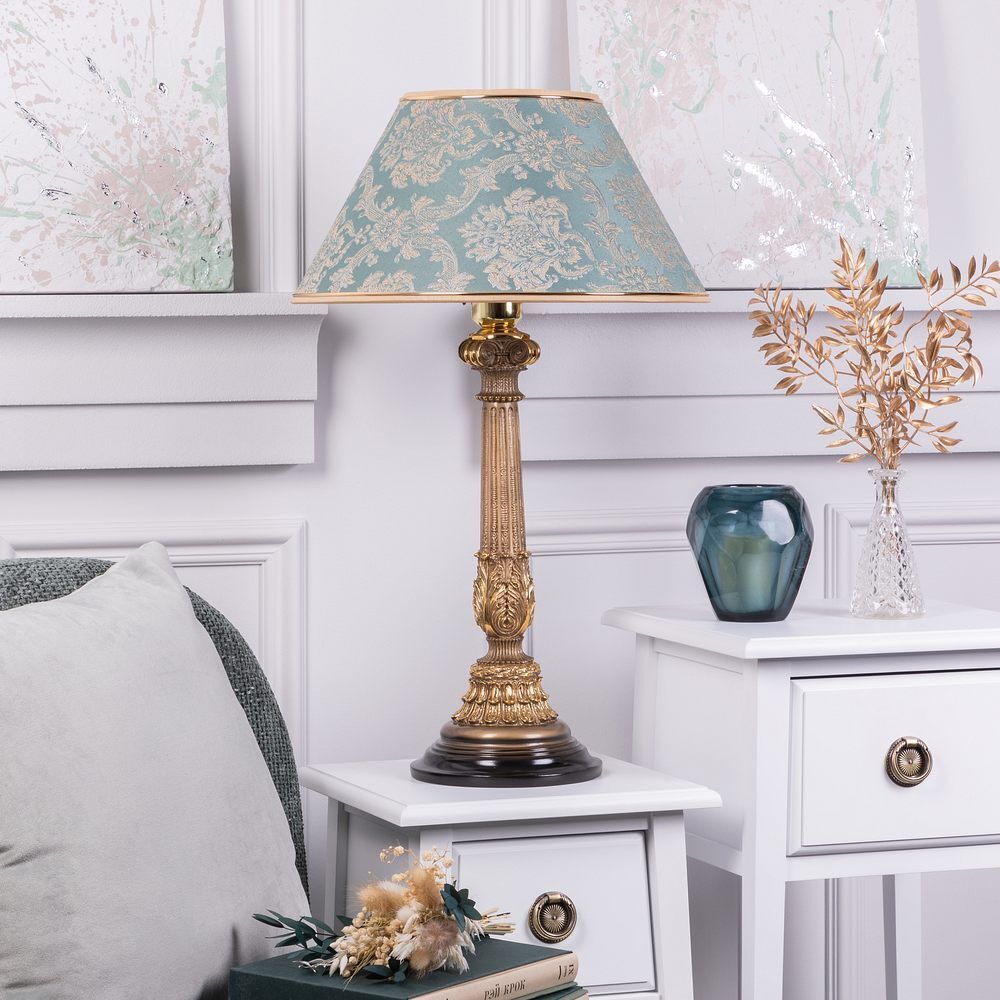 Настольная лампа Испанская Колонна Бронза с абажуром №38 Vatican (Ватикан) Аквамарин